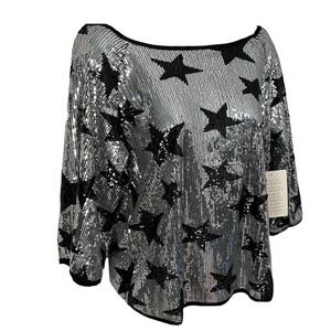 NEW Boston Proper Silver Black Star Sequin Top Blouse Size XXS